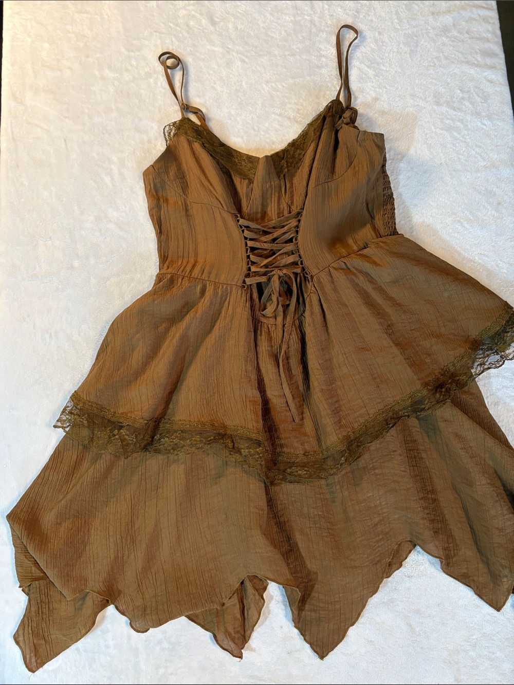 Brown Lace-Up Bust Handkerchief Hem Fairy Whimsigoth Dress Large